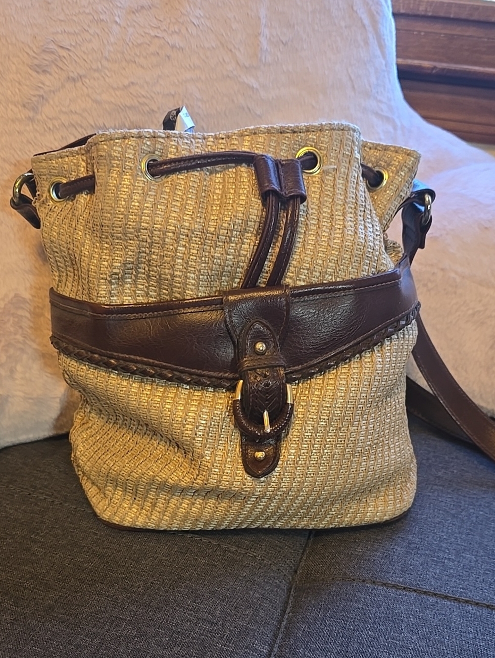 Woven Straw Bucket Bag with Dark Brown Leather Trim